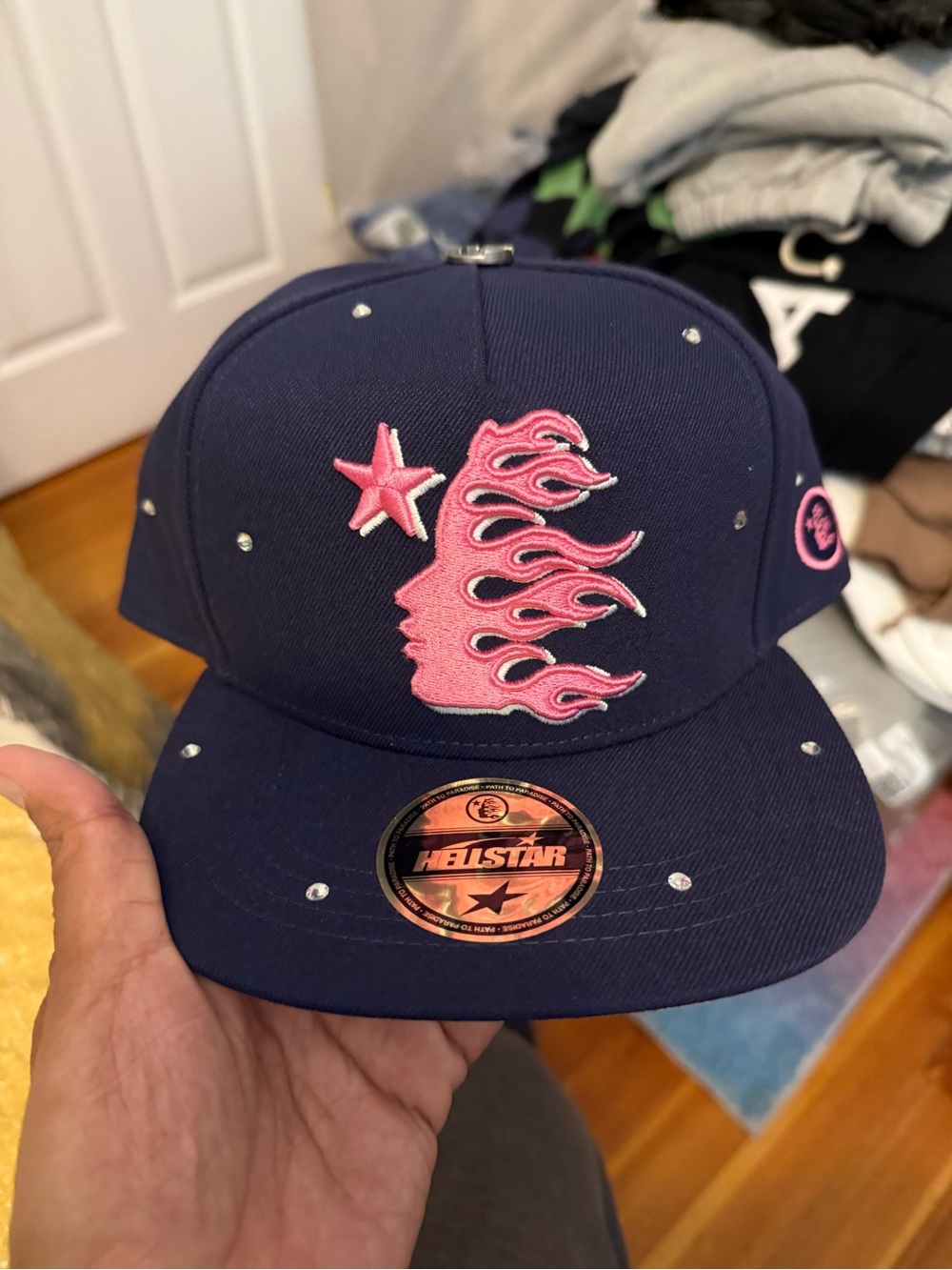 Hellstar Navy Snapback Hat with Pink Flame Profile Size 7 1/2
